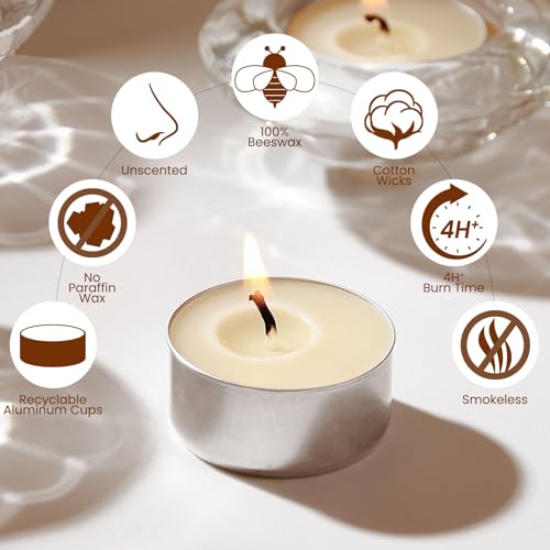 50-Pack Pure Beeswax Tealight Candles in Aluminum Cups - 4-5 Hour Burn Time, Lead-Free Cotton Wick, Natural Unscented Candles，White - color: White