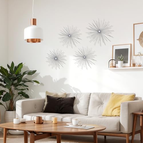 Shimeyao 4 Pcs Metal Starburst Wall Decor Silver Metal Wall Art 3D Spike Bling Finish Star Burst Hangings Accents Sculptures Set Modern Mid Century Decorations for Living Room Bedroom Entryway - color: Silver, style: Spike