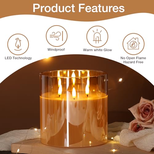 Eywamage 3 Wick Gold Glass Flameless Candle with Remote, Large Flickering LED Battery Pillar Candle Φ 6" H 6" - color: Gold