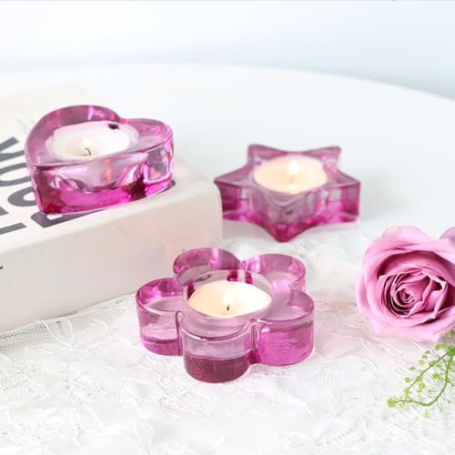 Pink Votive Candle Holders Set of 12 for Table Centerpiece(3 Sizes,Heart/Flower/Star) Tealight Candle Holders Bulk for Birthday Party,Wedding Dinning,Home Decor, Valentines Christmas Decoration(Pink) - color: Pink