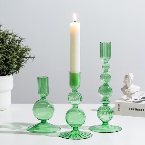 Glasseam Green Glass Candle Holder: Set of 3 Candle Stick Holders for Taper Candlesticks Modern Candle Holders for Candlesticks Unique Tapered Candlestick Holders for Table Centerpiece Home Decor Gift - color: Green