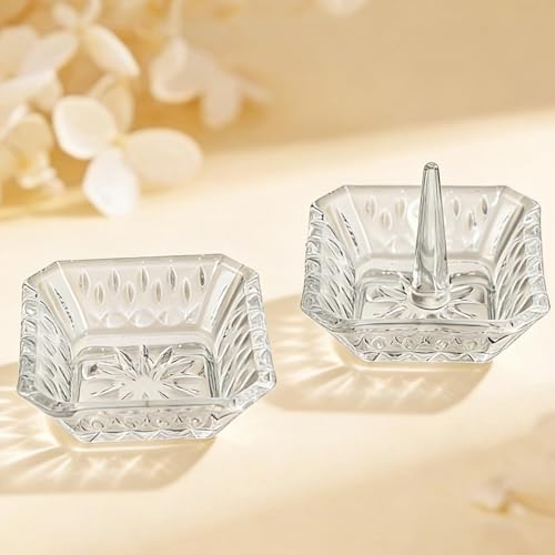 Clear Crystal Ring Holder Set of 2 Glass Jewelry Ring Dish Tray Gifts for Women on Engagement Wedding Party Mother's Day - color: clear-square