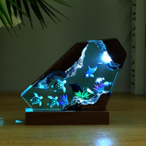 Drawelry Ocean Creative Epoxy Resin Wood Light Lamp, Handmade Multi Color Aquatic Ocean Lamp Deep Sea Diver Cave Diving Enthusiasts Led Night Light Desktop Decor Christmas Birthday Gift (Turtle, S) - color: Turtle