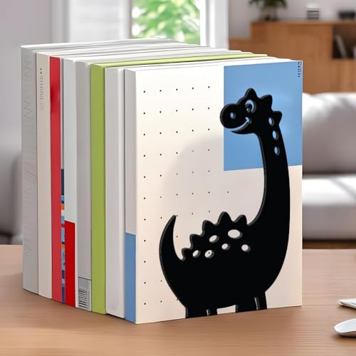 WADORN Cartoon Dinosaur Metal Bookends for Shelves Decorative 1 Pair, Heavy Duty Books End Support Non-Skid Book Holder Black L-Shaped Book Stopper for Home Office Desk Book Divider, 4.7x3.5x7 Inch - color: Dinosaur