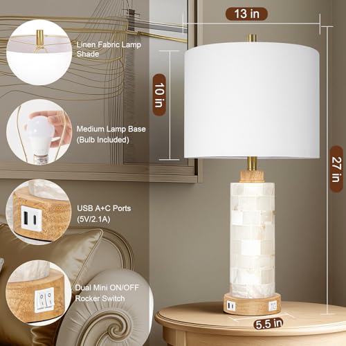 KIVDITZO 27" Alabaster and Wood Table Lamp Set of 2 with Night Light Nightstand Lamps with USB Ports White Linen Fabric Shade Bedside Lamp Decor for Living Room Bedroom Home Office Hotel Bar House - color: Natural Wood