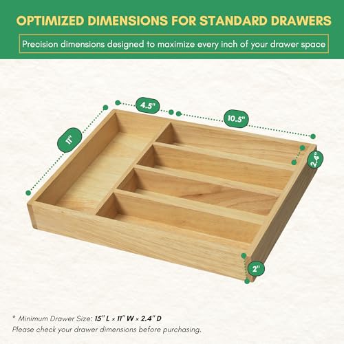 Rubber Wood Silverware Organizer for Drawer - [15"L x 11"W x 2"H] Utensil Tray, 5 Compartment Flatware Holder, Multi-Purpose Kitchen Drawer Organizer for Utensils, Stationery & Hand Tools
