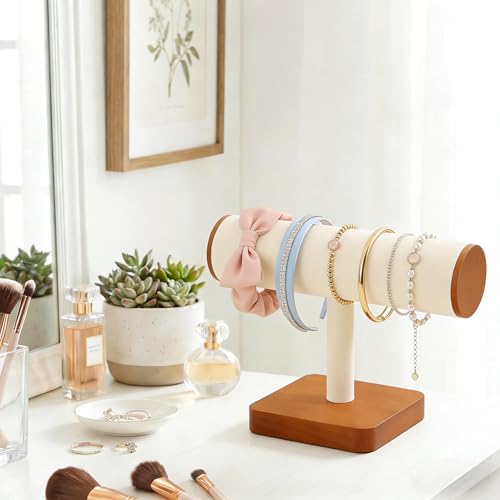 Wooden T-Bar Bracelet Display Stand, Watch & Bangle Organizer Rack, Jewelry Display Holder for Headbands, Scrunchies, Perfect for Home, Boutique, Craft Shows & Vendor Booths (Old Lace) - color: Old Lace
