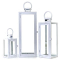 Allgala 3-PC Lantern Set 23 Inch Jumbo Deluxe Modern Indoor/Outdoor Candle Lantern Set White Painted Ironl Frame Tempered Glass Rectangular for Garden Poolside Fireplace Wedding - color: Cuboid White