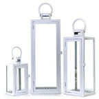 Allgala 3-PC Lantern Set 23 Inch Jumbo Deluxe Modern Indoor/Outdoor Candle Lantern Set White Painted Ironl Frame Tempered Glass Rectangular for Garden Poolside Fireplace Wedding - color: Cuboid White