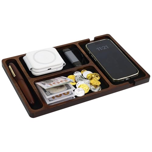 MultiBey Acacia Wood Valet Tray Nightstand Organizer, Wooden Valet Trays for Men Women, Wood Desk Organizer Drawer, EDC Essentials Catchall Tray for Phones, Watch, Pens, Keys - color: Acacia - Felt & Cable Slot