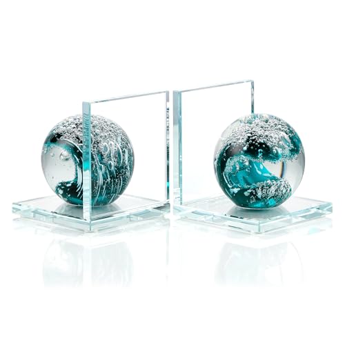 Book Ends for Shelves, Glass Bookends with Dark Blue Glass Hand Blown Sea Wave Ball, Non Skid Sturdy Decorative Bookends for Ocean Lovers, Heavy Books, Office, Set of 2 - color: Dark Blue