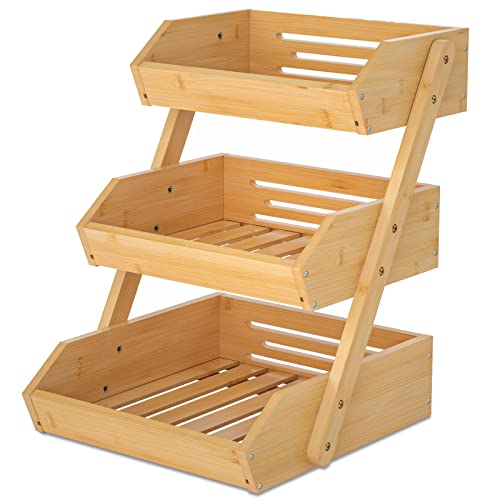 Merysen Large 3 Tier Bamboo Fruit Basket Stand for Kitchen Countertop – Fruit Holder – Suitable for Bread, Vegetables, Produce, Home Storage and Display - size: 3 Tier