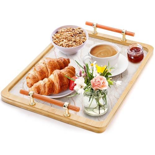 DEAYOU Bamboo Serving Tray with Handles, Marble Pattern Plastic Decorative Ottoman Tray, Large Serving Platter for Coffee Table, Breakfast, Dinner, Perfume, Kitchen Counter, Rectangle, 15.5"x11.5"