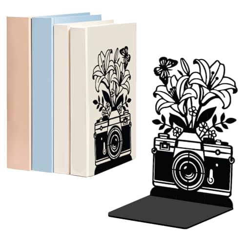 WADORN 1 Pair Camera Flowers Decorative Bookends for Shelves, Retro Heavy Duty Metal Book Ends Black Novelty Non-Skid Black Book Stopper for Library Home Office Dorm Reading Room, 5.3x4.3x7.9 Inch - color: Camera Flowers