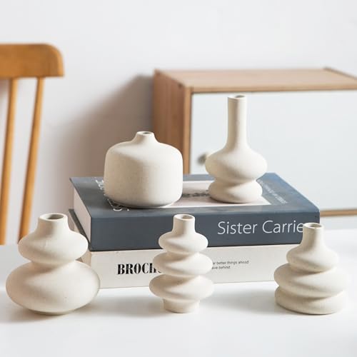 Small White Ceramic Vases Set of 5, Mini Decorative Boho Vases for Flower, Wedding & Home Decor - color: C-5pcs Matte White Vase