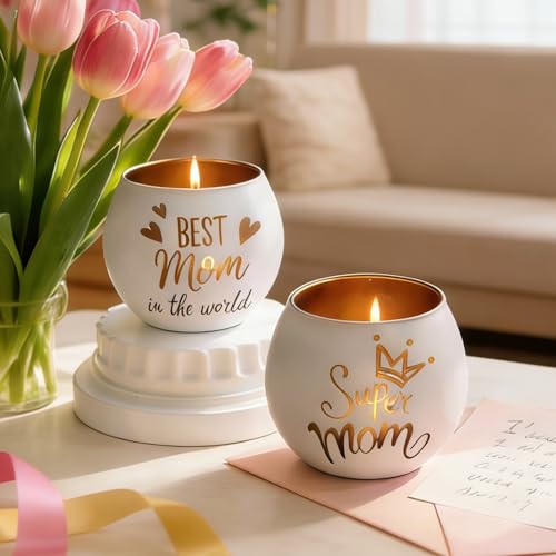 Mother's Day Glass Candle Holders Set of 4, Best Mom Ever Tealight Holders with Super Mom & Heart Designs, Decorative Votive Candle Holders for Women's Birthday, Grandma Gift & Mother's Day Decor