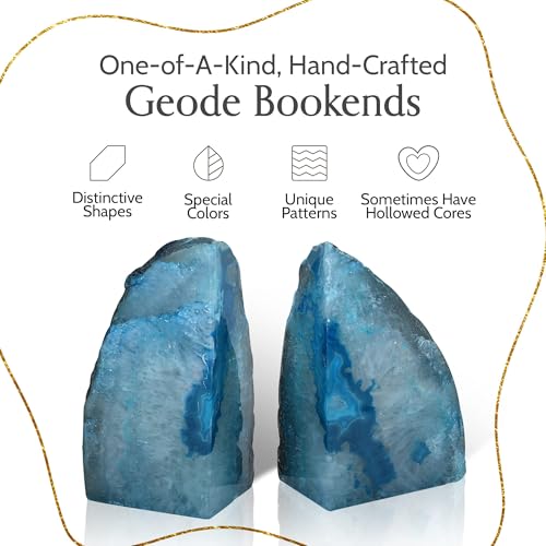 Nature's Decorations Agate Bookends - A Quality Teal Geode with Non-Skid Rubber Bumpers for Shelves, Office, Home Decor - Heavy Duty Cool Crystal Stone (4-6 LB) - color: Teal, size: A Grade 4 - 6 Lbs