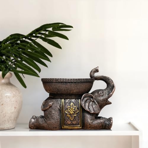 Elephant Decor Resin Sculpture with Tray – Antique Style Animal Figurine for Home, Office, Bookshelf, TV Stand – Unique Gift for Women, Moms, Friends(Copper Elephant Tray) - color: Copper Elephant Tray