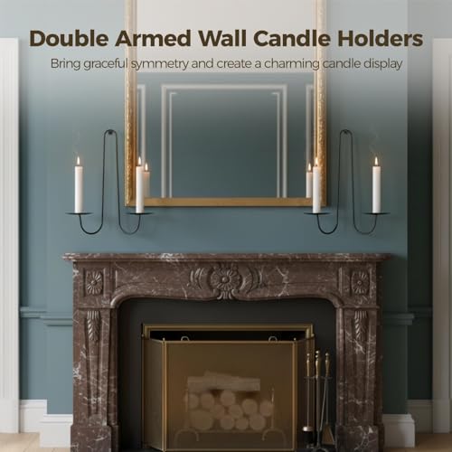 2 Pcs Wall Candle Sconce Holders, Double Armed Wall Hanging Candle Holders, Minimalist Black Iron Sconces for Fireplace, Living Room, Hallway