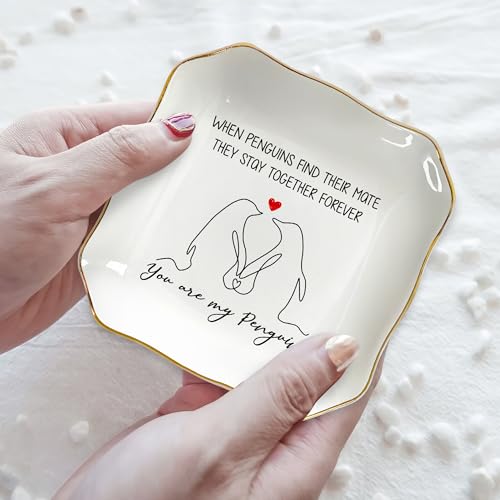 OASSIE Anniversary Couple Gifts for Her - You Are My Penguin, 4x4 Ceramic Jewelry Dish Tray - Romantic Anniversary Wedding Engagement Birthday Gifts for Women Girlfriend Wife, I Love You Gift for Her - color: White - My Penguin