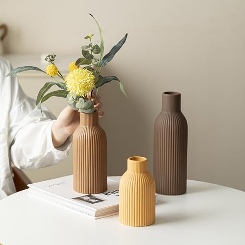 Modern Ceramic Vases Set of 3, Coffee Table Ribbed Decorative Vases, Shelf Table Centerpiece for Home Decor (Coffee Mix) - color: Coffee Mix