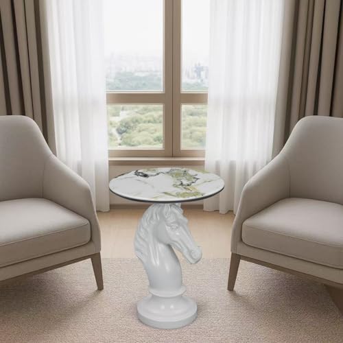 White Horse Side Table - End Table with Faux Marble Top Unique Horse Statue Decor for Living Room Bedroom Entryway Elegant Animal Sculpture Unique Horse Lover Gifts - color: White Horse Base