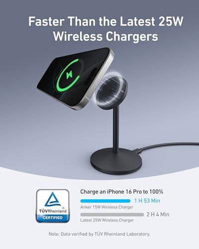 Anker MagGo iPhone 17 MagSafe Charger Compatible Stand, 15W Fast Magnetic Wireless Charging Station, Qi2 Certified 360° Wireless Charger, Magnetic Stand for iPhone 17/16/15/14/13 Series (No Adapter) - color: Black