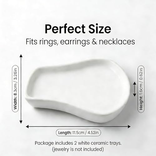 White Ceramic Trinket & Jewelry Tray Dish Set - 2 Pieces Minimalist Organizer for Earrings, Rings, Necklaces - Elegant Irregular Home Decor Accent