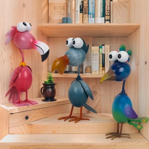 Kircust Outdoor Metal Bird Yard, Garden Decor for Outside Flamingo/Peacock/Pelican Decorations Art Statues, Lawn Ornaments for Courtyard, Patio, Backyard, Porch, Set of 3 - color: Pink-blue-grey Blue