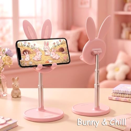 OATSBASF Cute Bunny Phone Stand, Adjustable Pink Cell Phone Holder for Desk, Weighted Base Kawaii Desk Accessories, Aesthetic Room Decor Gift for Women/Girls/Kids, Compatible with All Phones - color: Pink