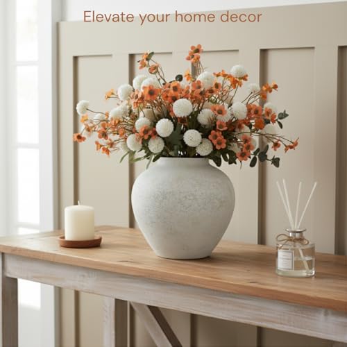 White Rustic Large Round Vase for Table Centerpieces 11 inches, Arina Vase, Earthy Stone Look, Textured, Modern Homes Farmhouse Centerpiece Decor - color: White Large Round