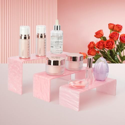 Pink Acrylic Risers Display Stand - 3 Tier Stand For Pop Figures , Rainbow Cupcake Stand , Rectangle Shelf , Perfume Organizer , Dessert Stand (1 set)