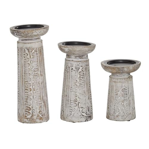 Deco 79 Wood Floral Handmade Decorative Candle Holder Intricate Carved Pillar Candle Stand, Set of 3 Candlestick Holder 10', 8', 6'H, White