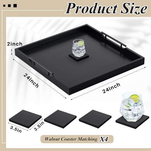 Remagr 24'' Square Extra Large Ottoman Tray, Wood Serving Tray with 4 Coasters and Metal Handles Decorative Coffee Table Platter for Living Room Sofa Food Tea Server Housewarming Home Gift(Black)