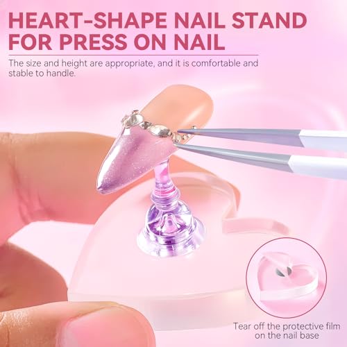 Nail Stand for Press On Art Display Practice 2 Sets, 1 Heart Acrylic Magnetic Nail Stands, Fake Nail Holder Tips, 200 PCS Double-Sided Tape, DIY Kit Home Supplies (Wood And Purple, Medium) - color: Wood And Purple, size: Medium