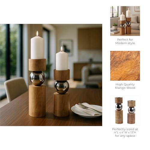 Modern Wood and Stainless Steel Candle Holders - Pillar Candlestick Holders for Table Centerpiece, Shelf, or Bedroom Decor - Decorative Candle Stand Holders for Home Decor Set of 2-13", 11" Tan