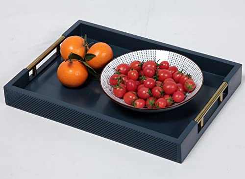 Serving Tray with Polished Metal Handles, 16.5''x12'' Rectangle Coffee Table Tray, Modern Decorative Tray, Large Ottoman Tray, Perfect for Storage and Display (Blue) - color: Blue