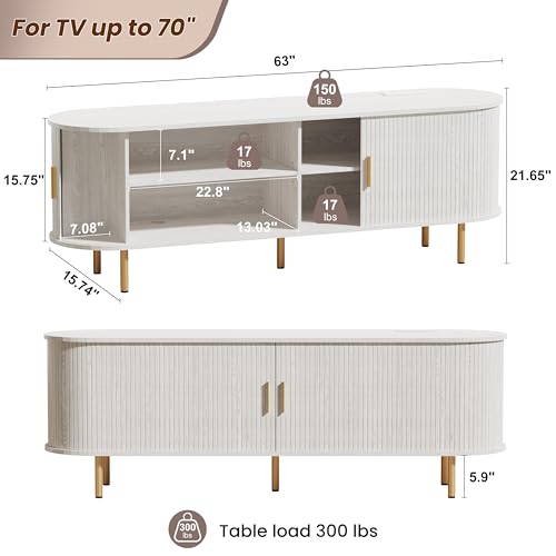 DHH 63 Inch Mid Century Modern TV Stand with Power Outlet for TVs up to 70 Inch, Entertainment Center with Storage and Adjustable Shelves, Media Console with Sliding Doors for Living Room(White) - color: White, size: 63 Inch