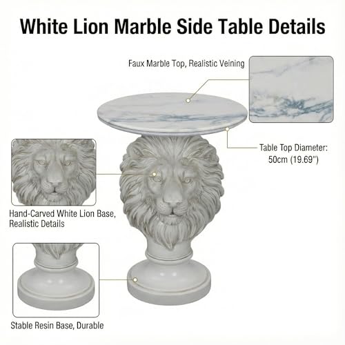 White Lion Head Sculptural Side Table with Faux Marble Top, 19.68" Round Resin Animal End Table, 25.59" H Majestic Accent Table for Living Room & Entryway, Regal Housewarming Gift - color: White Lion