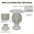 White Lion Head Sculptural Side Table with Faux Marble Top, 19.68" Round Resin Animal End Table, 25.59" H Majestic Accent Table for Living Room & Entryway, Regal Housewarming Gift - color: White Lion