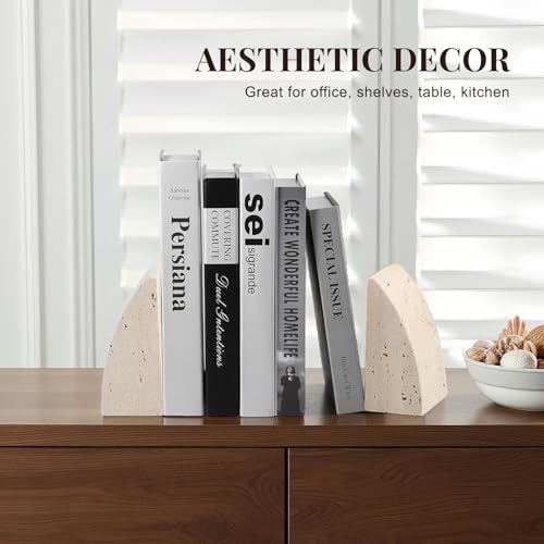 Koville Travertine Bookends for Shelves, Large Stone Bookends for Heavy Books, Non-Slip Heavy Duty Book Stopper for CD/Movies, Aesthetic Decorative Book Ends for Bookshelf Table Home Decor(Beige) - color: Sail-travertine