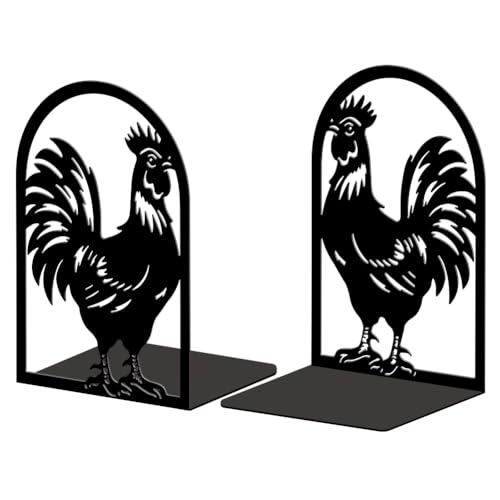 Peacoblue Metal Bookends for Shelves, Modern Decorative Heavy Duty Study Book Support Stoppers for Office, Desk, Shelf, Room 5.3"x4.3"x7.9" Cast Iron Simple Tall Bookends, 1 Pair (Rooster) - style: Rooster