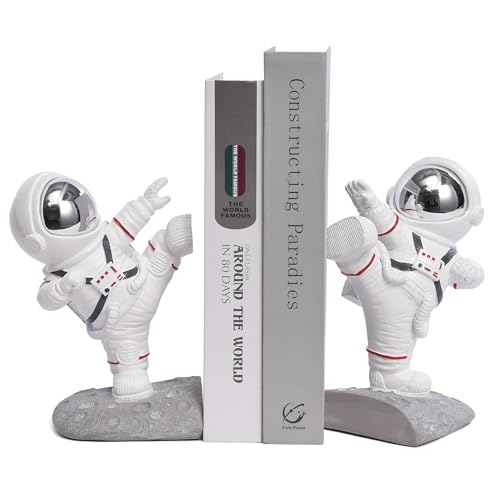 White Book Ends for Kids, Upgraded Astronaut Bookends Resin Spaceman Book Holders for Shelves Sturdy Book Stopper Book Ends to Hold Books Unique Outer Space Book Shelf Ends(F2-Silver Color) - color: Astronaut F-silver