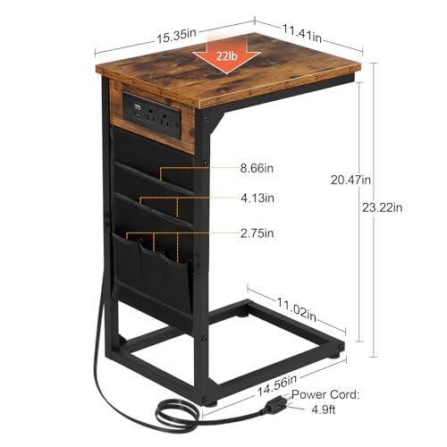 AMHANCIBLE C Shaped End Table with Charging Station, TV Tray Set of 2, Couch Tables with Storage Bag, Slide Under Sofa Side Table with USB Ports and Outlets for Living Room, Rustic Brown HET04CBR - color: Rustic Brown