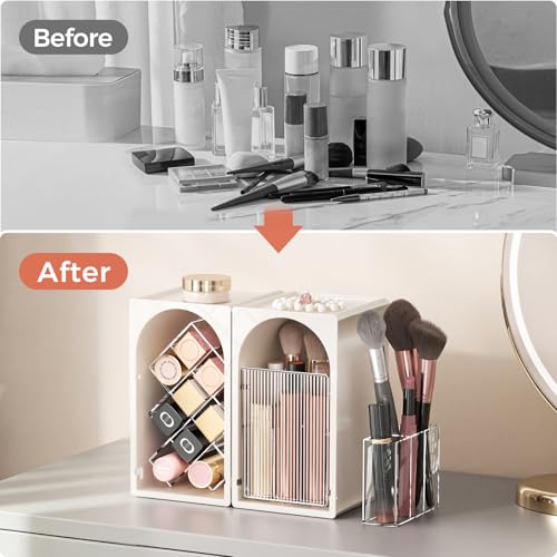 INVSSENE Stackable Makeup Organizer Countertop, Storage Perfume Skincare Cosmetic Lipstick Face Mask Makeup Brush Palettes, Ideal for Vanity Bathroom Counter - color: 3513 White+Clear