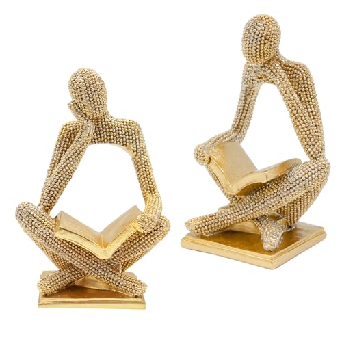 Sparkling Gold Reading Women Statue Set, Thinker Sculptures, Abstract Art Ornament, Modern Aesthetic Figurine Decoration for Home Living Room Bedroom Office Shelf Table Desk Bookshelf Decor - color: Left + Right