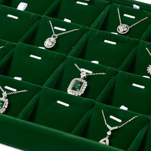 24 Grids Velvet Necklace Tray Necklace Holder Storage Jewelry Display Tray for Drawers With Removable Jewellery Cards for Bracelet Chain Pendant (Green) - size: 24 Grid with Inserts for Necklace