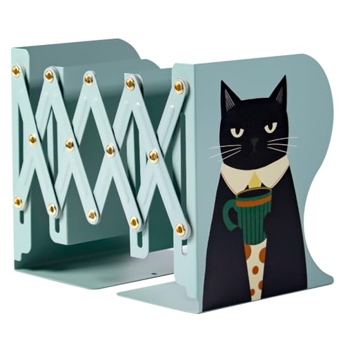 Cat Bookends, Adjustable Metal Book Ends for Shelves Decorative Unique Design for Heavy Books, Non-Skid Book Holder for Home Housewarming Cooking Lover Gifts (Cat) - color: Green