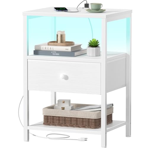 BOLUO White Nightstand with Charging Station, LED Night Stand with Fabric Drawers and Shelf, Bedside Table with USB Ports and Outlets, Bedroom Nightstand Modern - color: A.white
