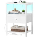 BOLUO White Nightstand with Charging Station, LED Night Stand with Fabric Drawers and Shelf, Bedside Table with USB Ports and Outlets, Bedroom Nightstand Modern - color: A.white